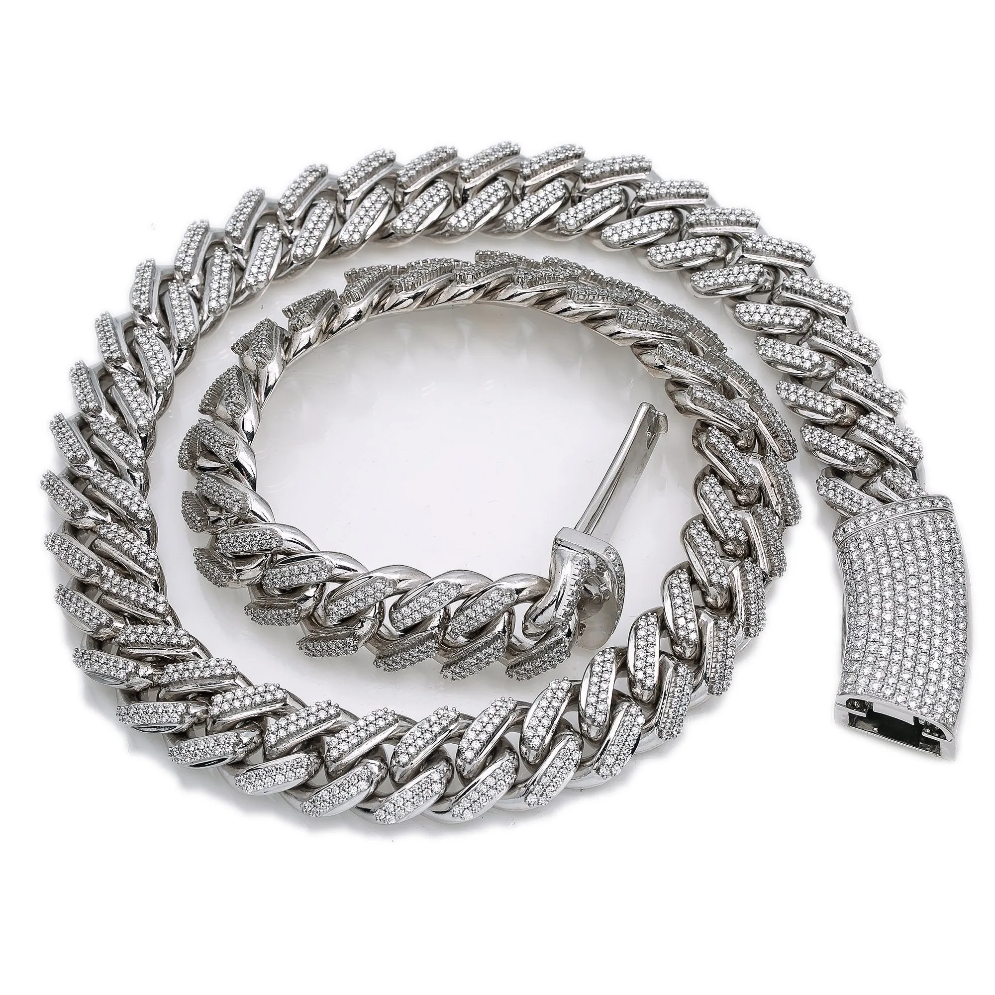 Men's Cuban Link Chain in 14K White Gold with 30.93 carat Diamonds