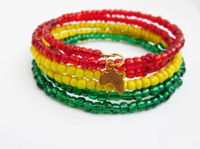 Handmade African Beaded Bracelet Red Yellow Green Gold Jewelry.