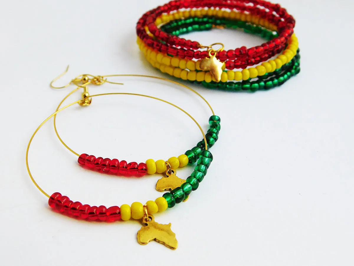 Handmade African Beaded Bracelet Red Yellow Green Gold Jewelry.