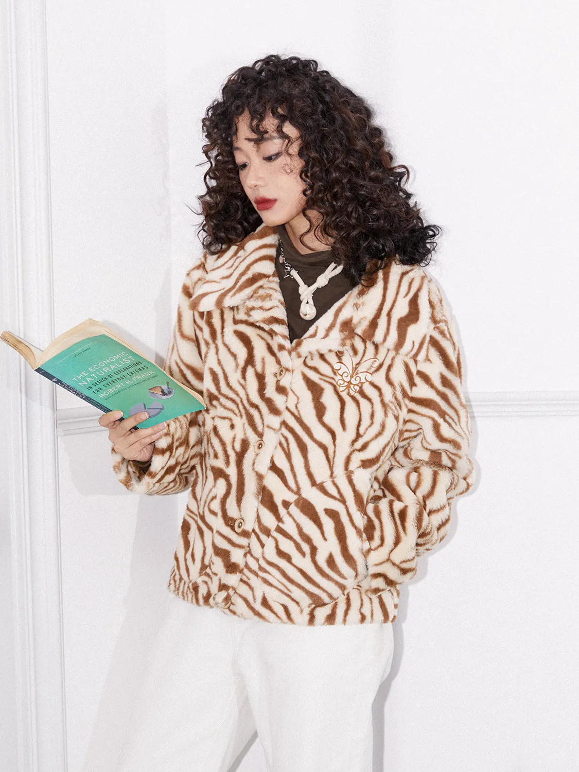 Animal Tiger Knit Embroidery Fur-Jacket