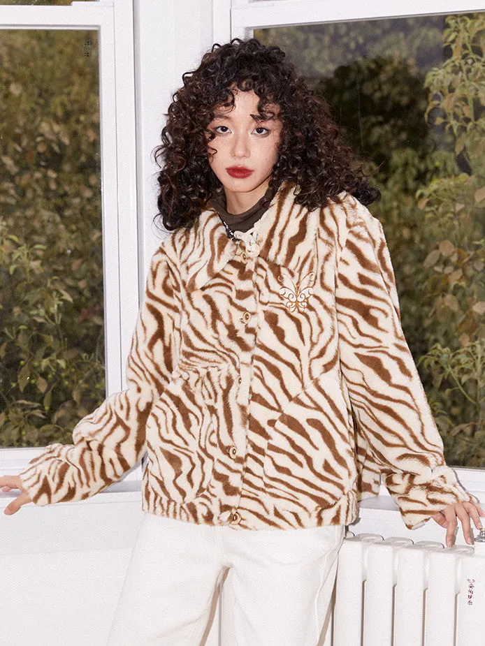 Animal Tiger Knit Embroidery Fur-Jacket