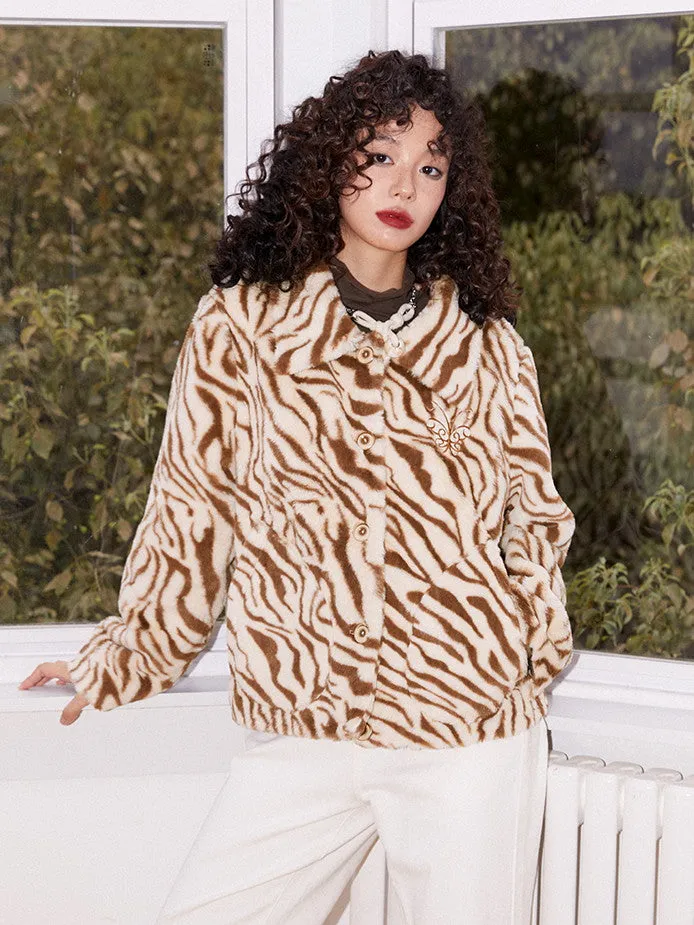 Animal Tiger Knit Embroidery Fur-Jacket