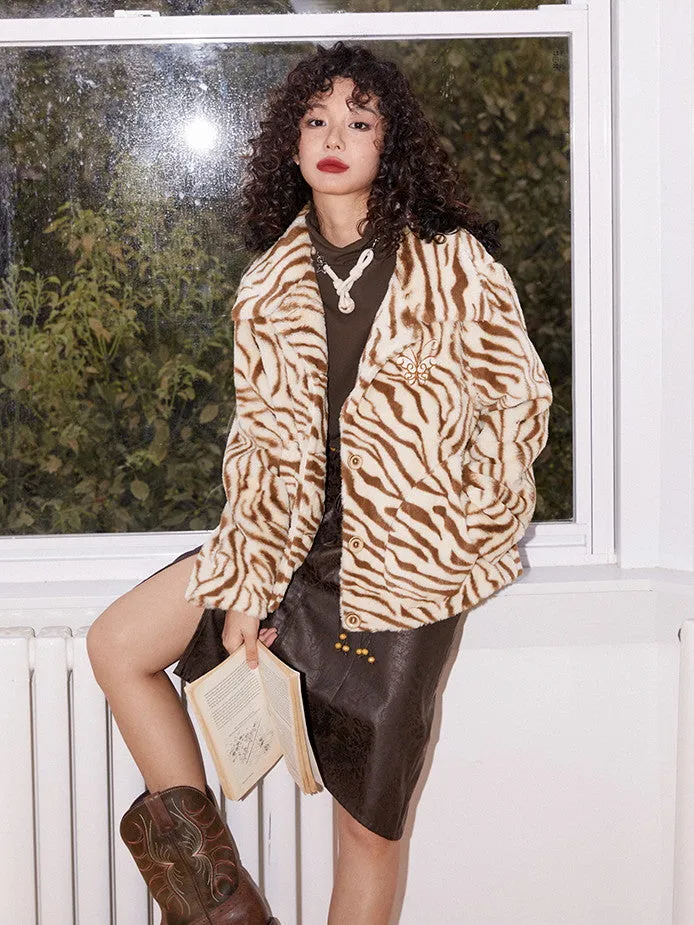 Animal Tiger Knit Embroidery Fur-Jacket