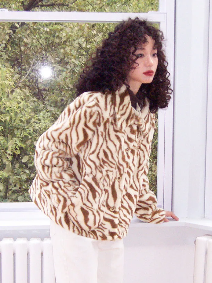 Animal Tiger Knit Embroidery Fur-Jacket