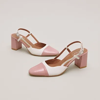 Babies with heels in ecru leather and pink pleated patent