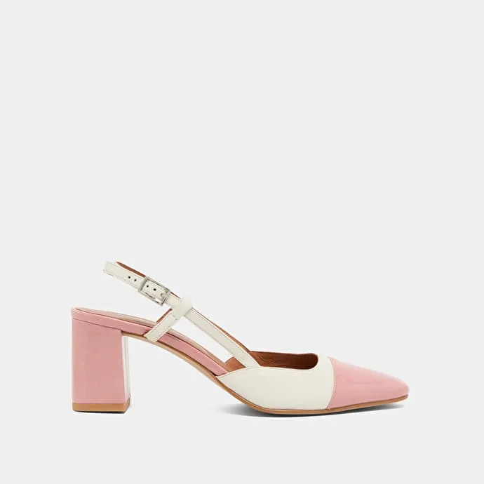 Babies with heels in ecru leather and pink pleated patent