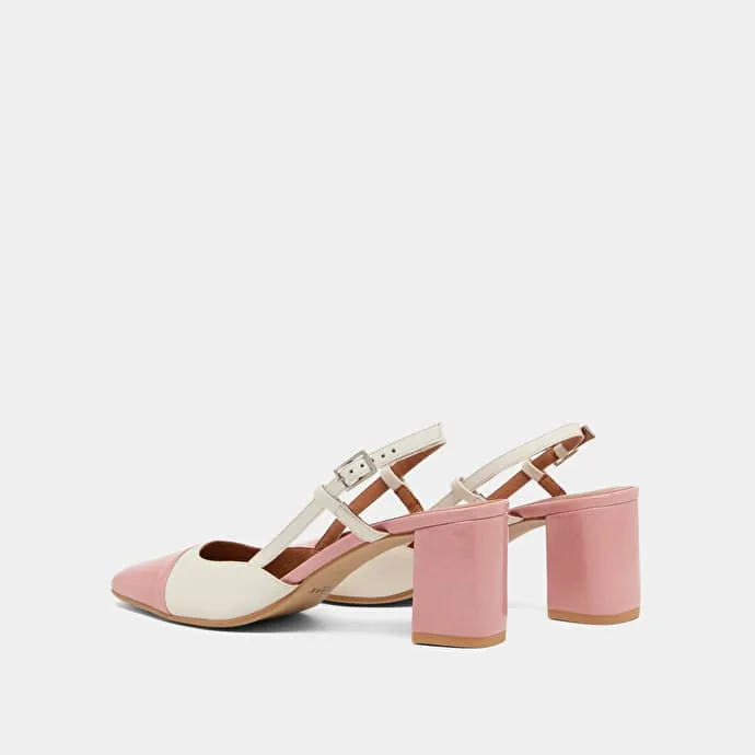 Babies with heels in ecru leather and pink pleated patent