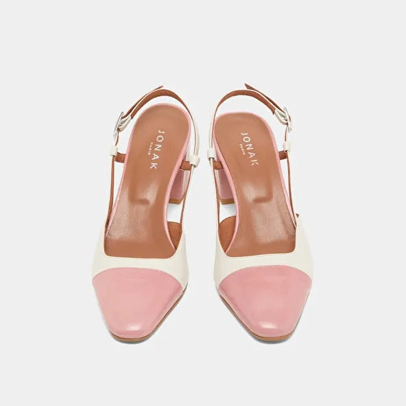 Babies with heels in ecru leather and pink pleated patent