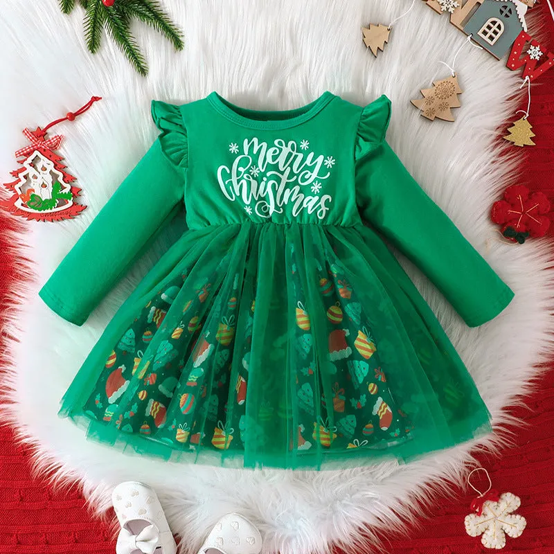 Wholesale Christmas Dresses for Baby Girls with Cartoon Print and Letters - Item 23101536