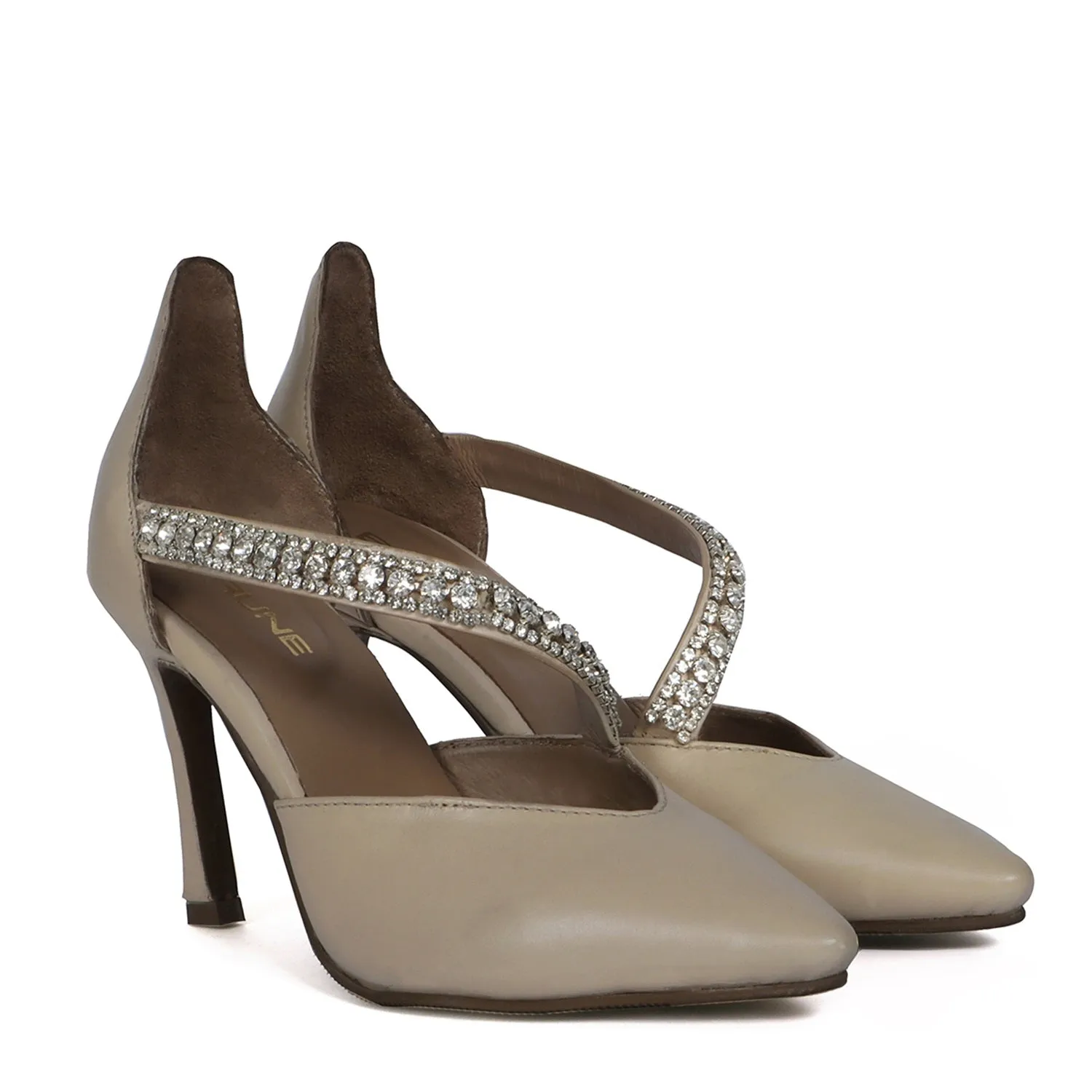 Beige Leather Rhinestone Décor Strap Point Toe Heel Pumps