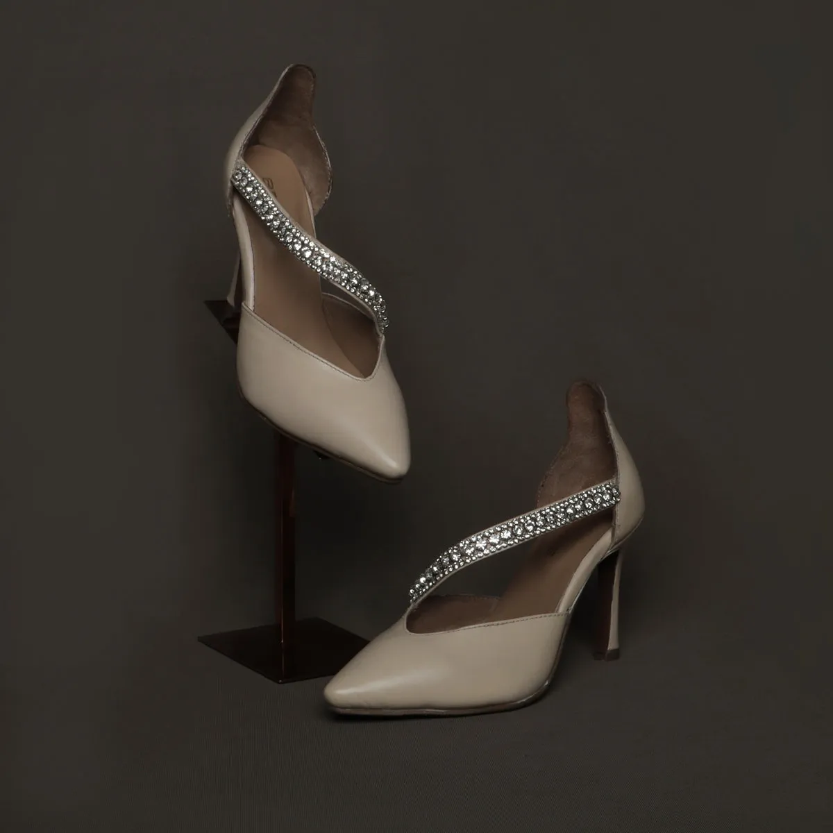 Beige Leather Rhinestone Décor Strap Point Toe Heel Pumps