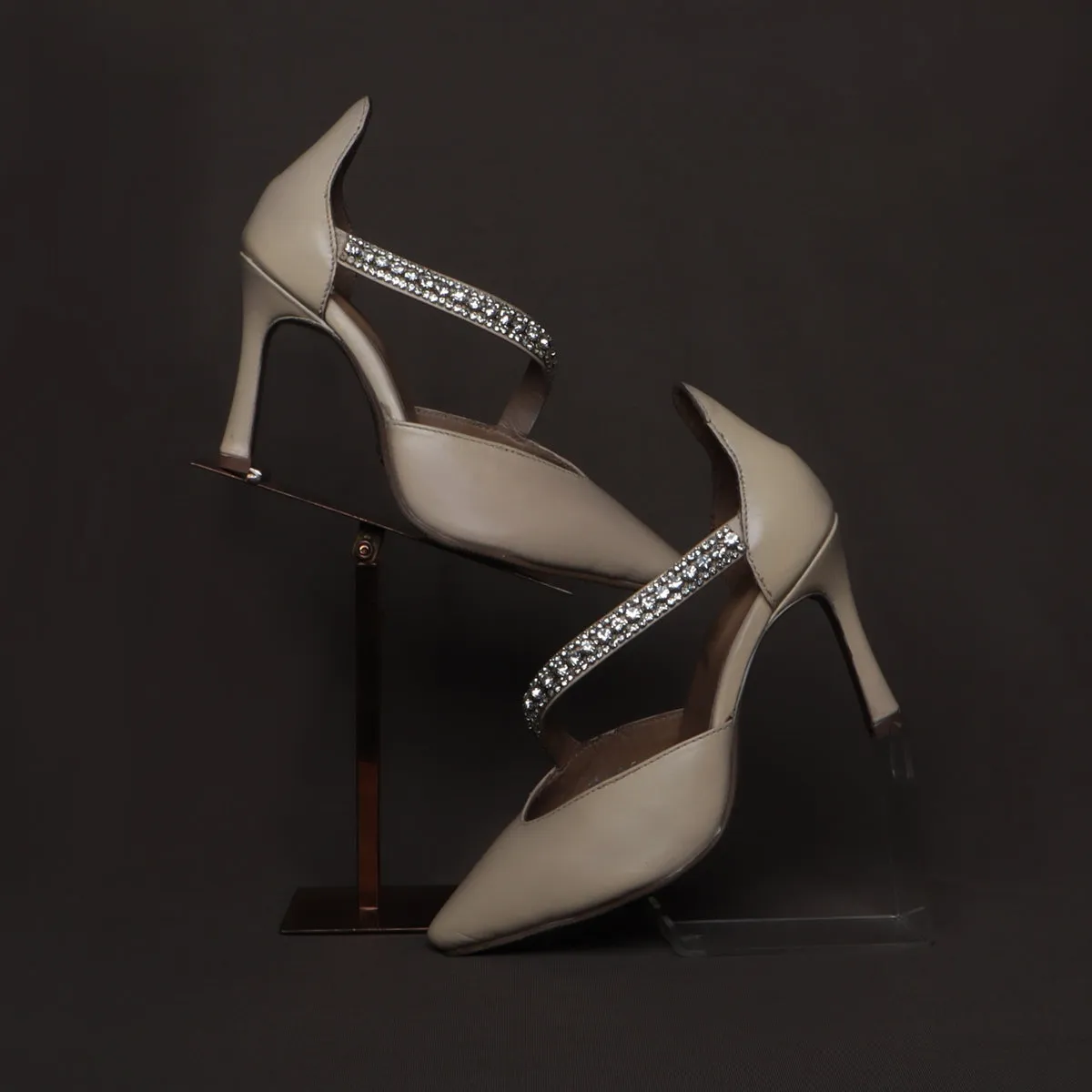 Beige Leather Rhinestone Décor Strap Point Toe Heel Pumps