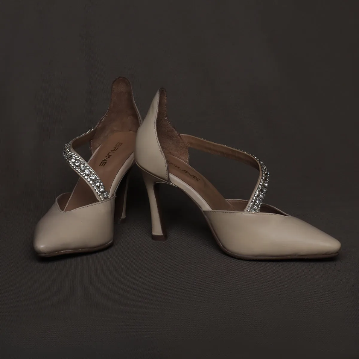 Beige Leather Rhinestone Décor Strap Point Toe Heel Pumps