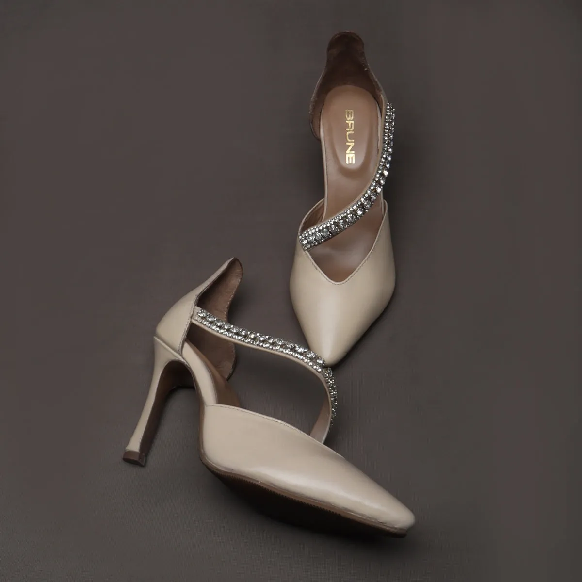 Beige Leather Rhinestone Décor Strap Point Toe Heel Pumps