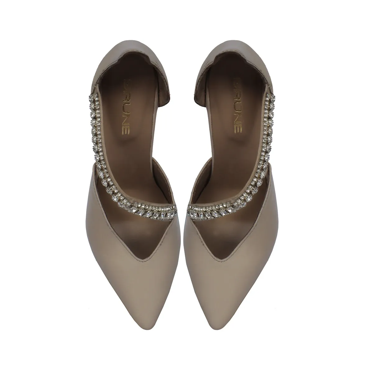 Beige Leather Rhinestone Décor Strap Point Toe Heel Pumps