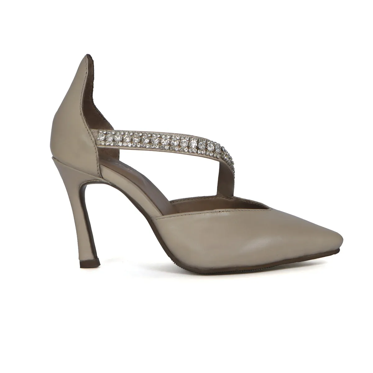 Beige Leather Rhinestone Décor Strap Point Toe Heel Pumps