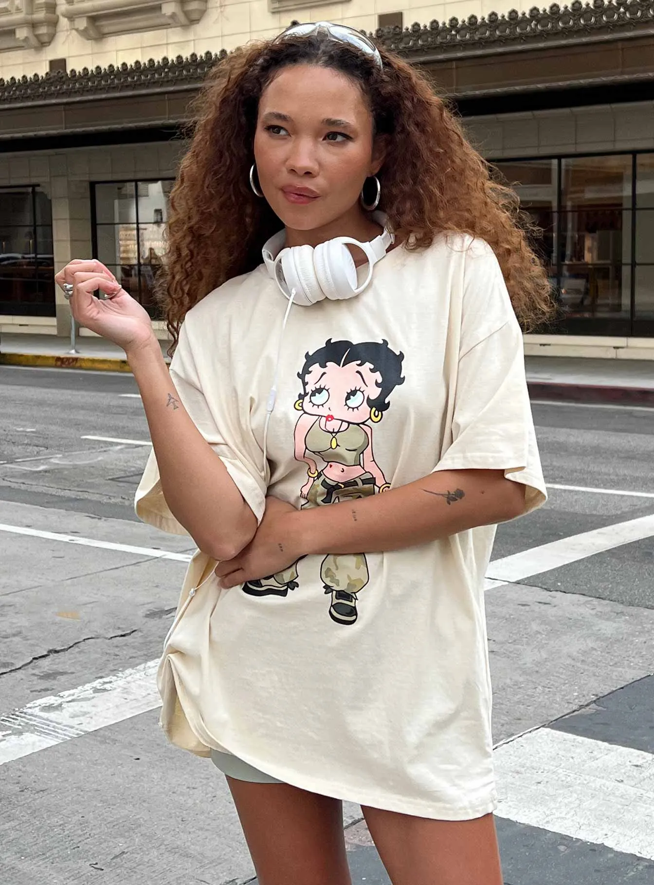 Beige Oversized Tee with Betty Boop Camo Girl