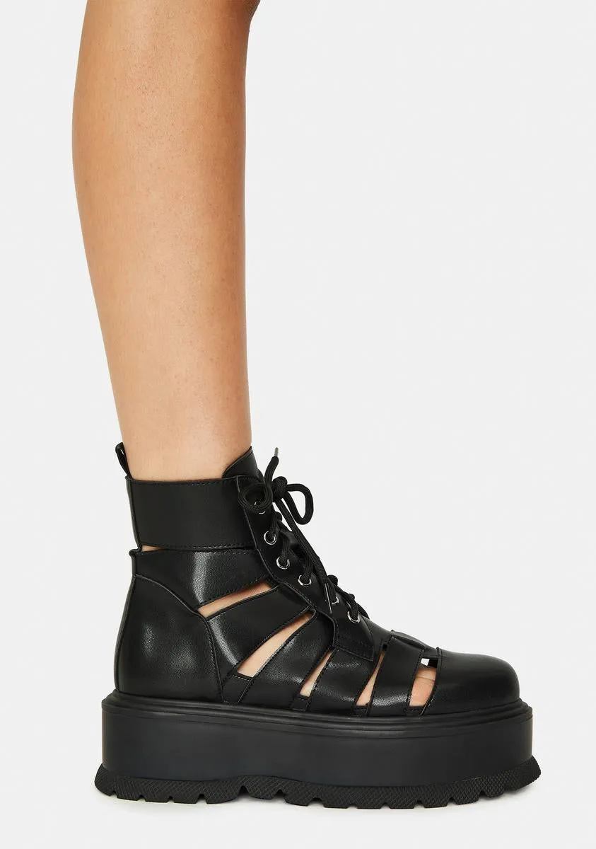 Black Ancient Domain Strappy Platforms