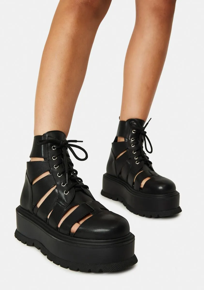 Black Ancient Domain Strappy Platforms