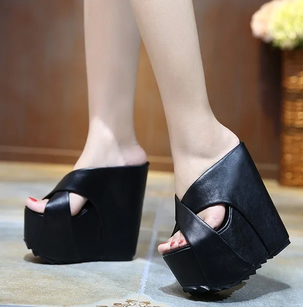 Black Cross Straps Wedge Sandals