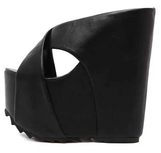 Black Cross Straps Wedge Sandals