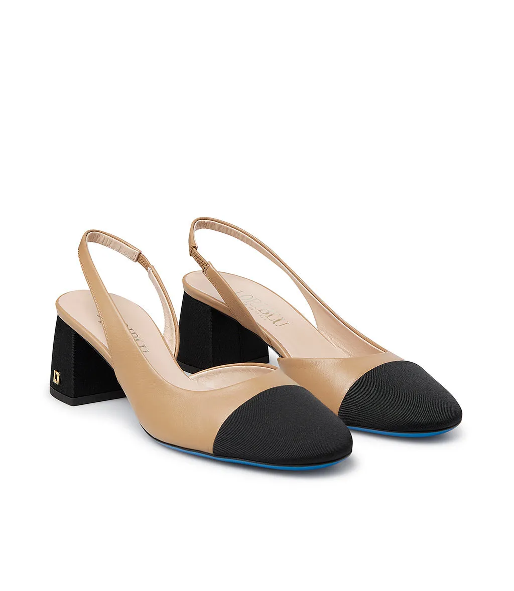 Black Fabric Logo-plaque and Beige Nappa Leather Slingback Pumps