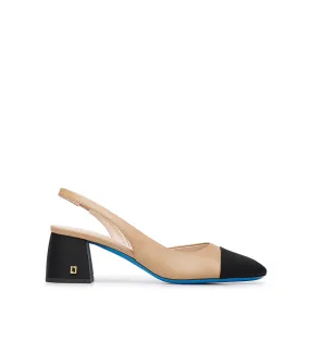 Black Fabric Logo-plaque and Beige Nappa Leather Slingback Pumps