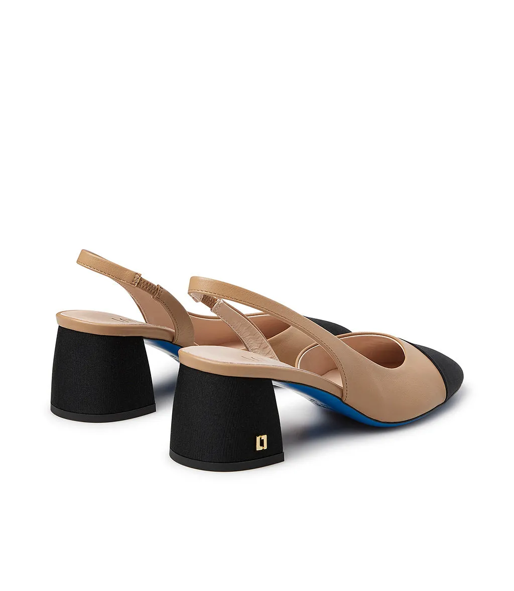 Black Fabric Logo-plaque and Beige Nappa Leather Slingback Pumps