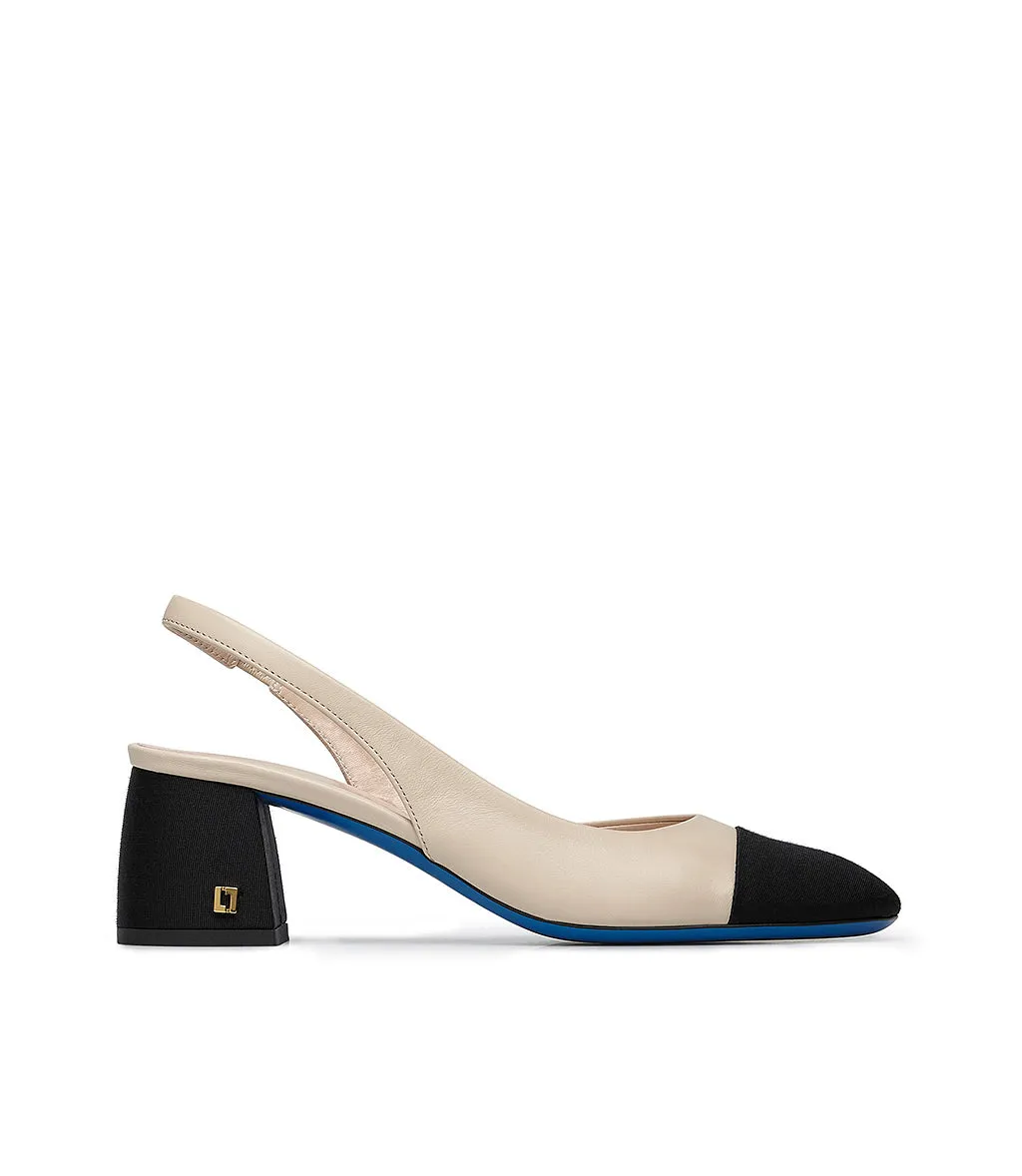 Black Gros grain Logo-plaque and Light Beige Nappa Leather Slingback Pumps