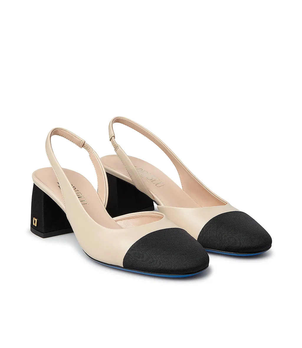 Black Gros grain Logo-plaque and Light Beige Nappa Leather Slingback Pumps