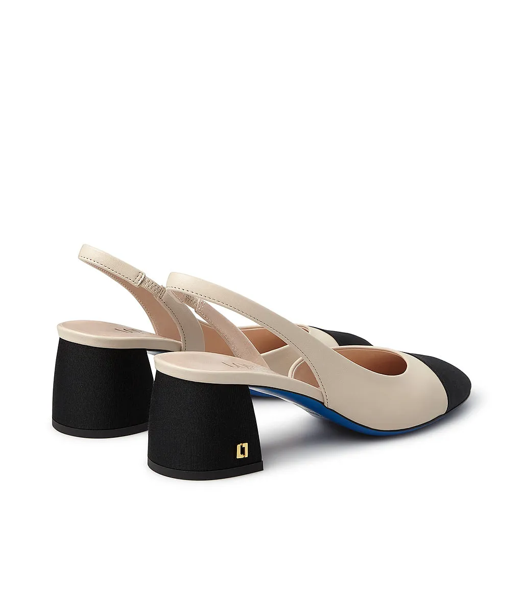 Black Gros grain Logo-plaque and Light Beige Nappa Leather Slingback Pumps