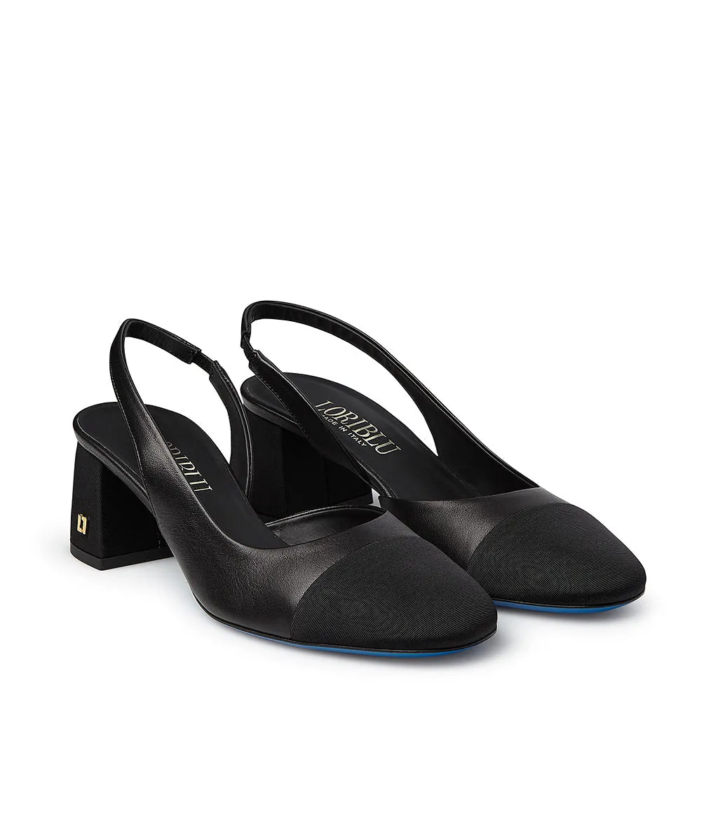 Black Gros grain Logo-plaque and Nappa Leather Slingback Pumps