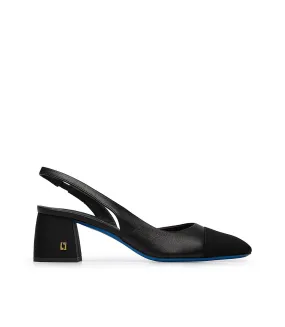 Black Gros grain Logo-plaque and Nappa Leather Slingback Pumps