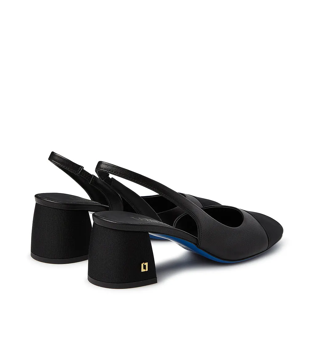 Black Gros grain Logo-plaque and Nappa Leather Slingback Pumps