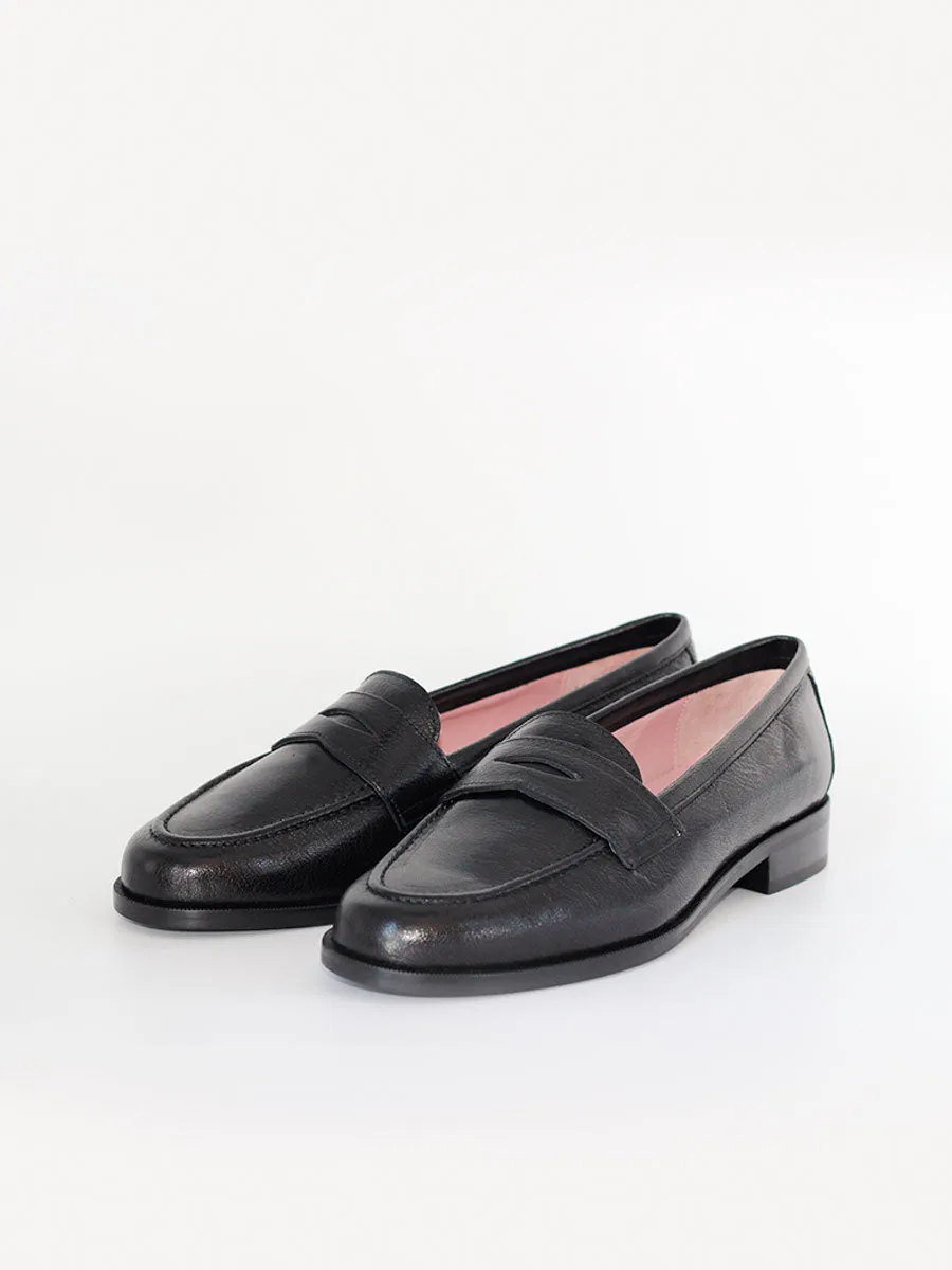 Black leather Mallorca style loafers.