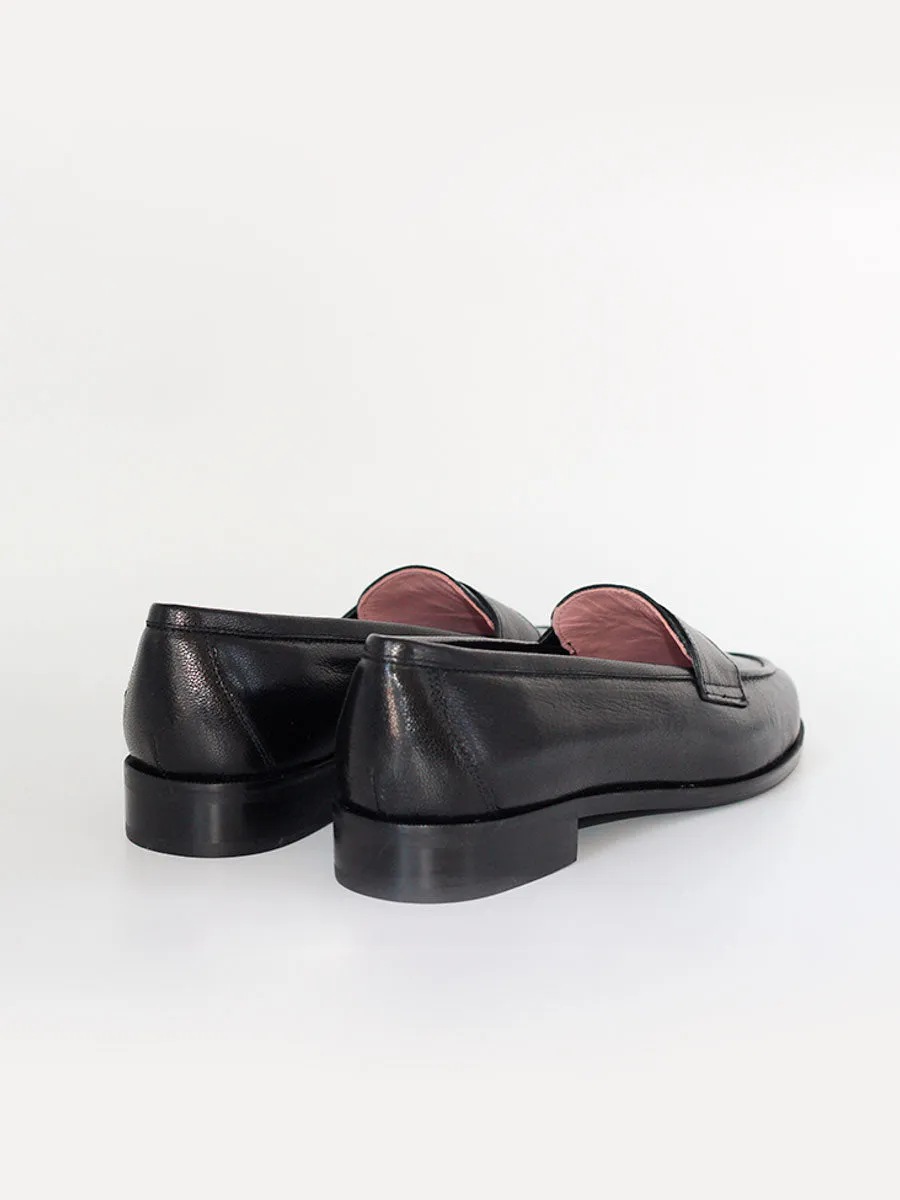 Black leather Mallorca style loafers.