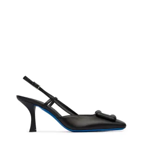 Black leather slingback pumps with jewel buckle