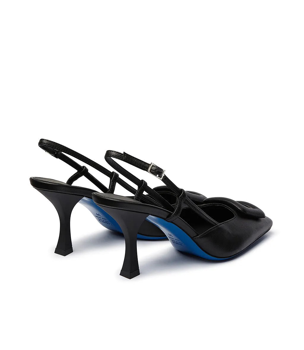 Black leather slingback pumps with jewel buckle