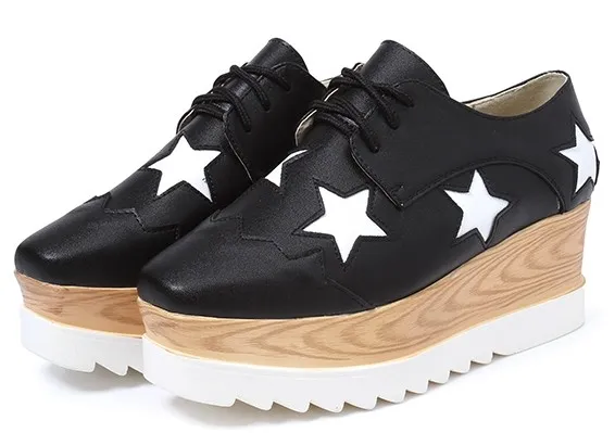 Black Leather Stars Lace Up Platforms Oxfords