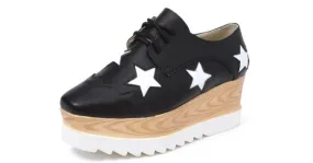 Black Leather Stars Lace Up Platforms Oxfords