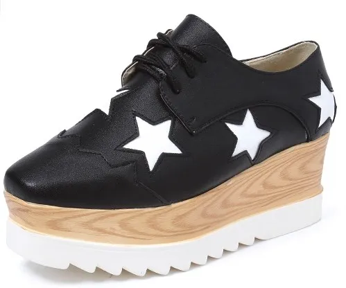 Black Leather Stars Lace Up Platforms Oxfords