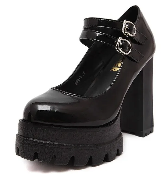 Bold Black Patent High Heels with Chunky Cleated Platforms