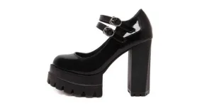 Bold Black Patent High Heels with Chunky Cleated Platforms