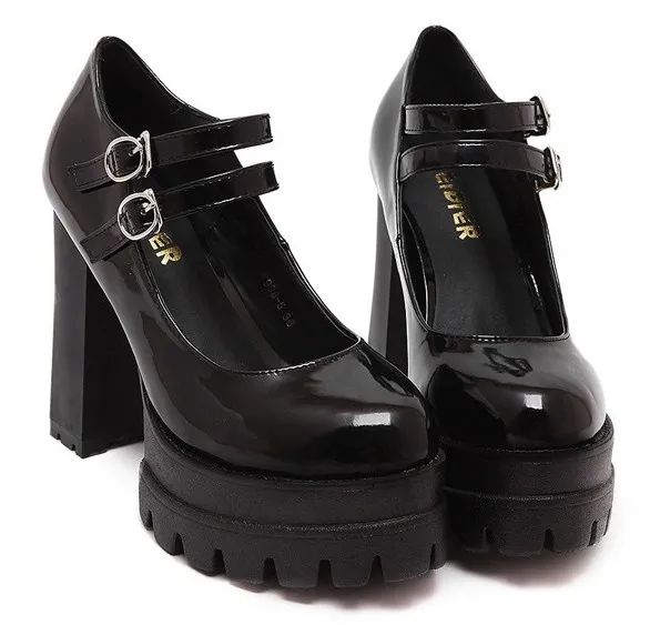 Bold Black Patent High Heels with Chunky Cleated Platforms