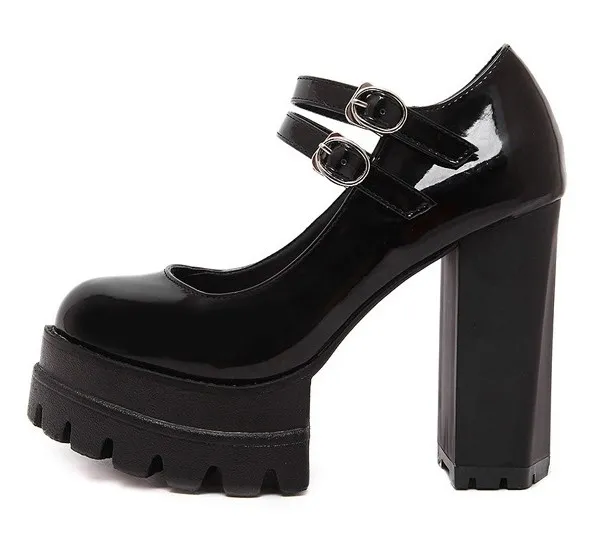 Bold Black Patent High Heels with Chunky Cleated Platforms