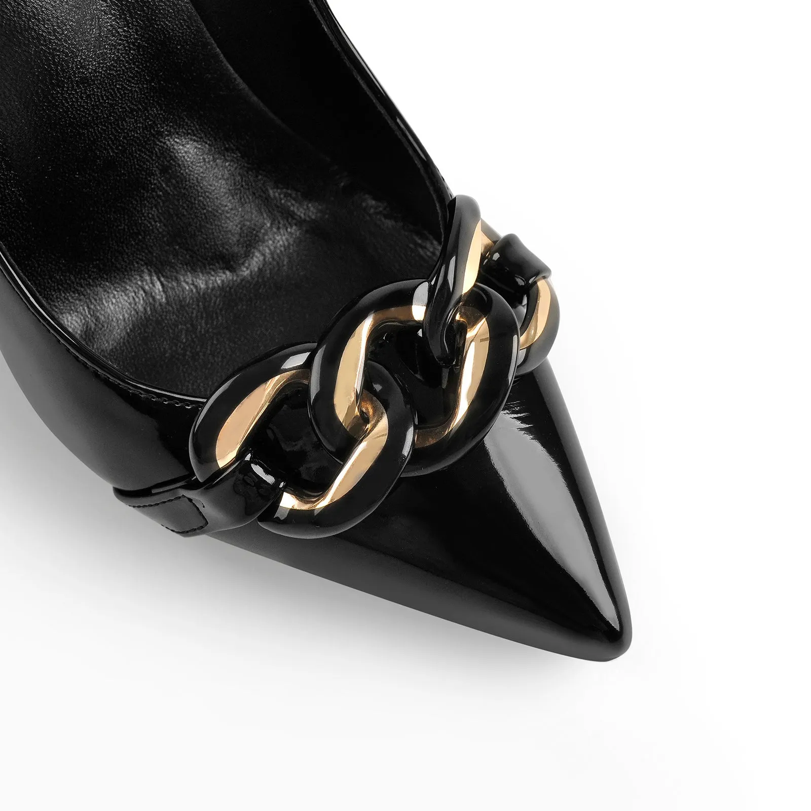 Black Pointed Toe Metal Chain Stiletto Pumps