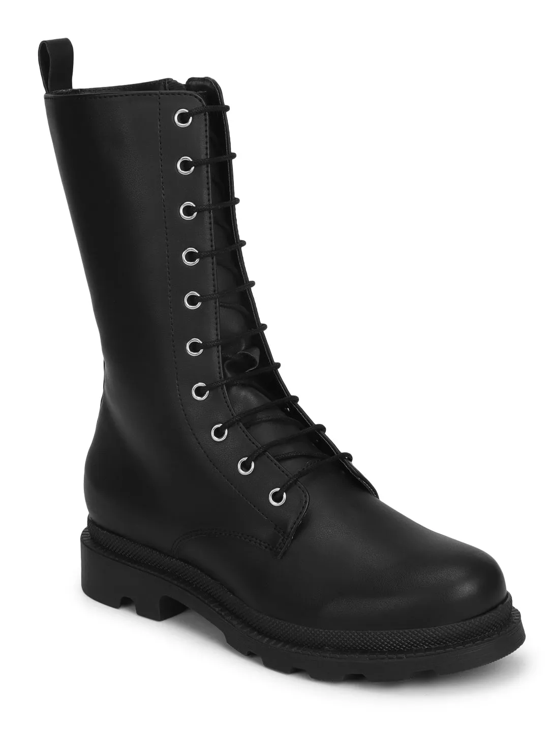 Black PU Calf Length Snug Fit Lace Up Boots (TC-ST-1205-BLKPU)