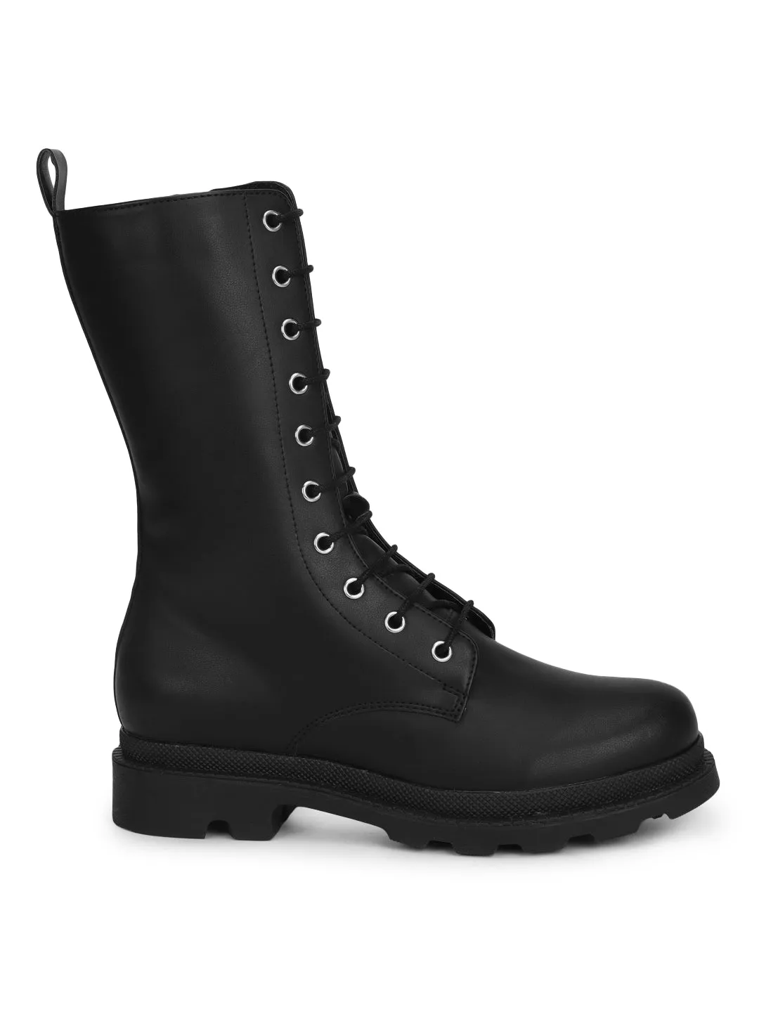 Black PU Calf Length Snug Fit Lace Up Boots (TC-ST-1205-BLKPU)