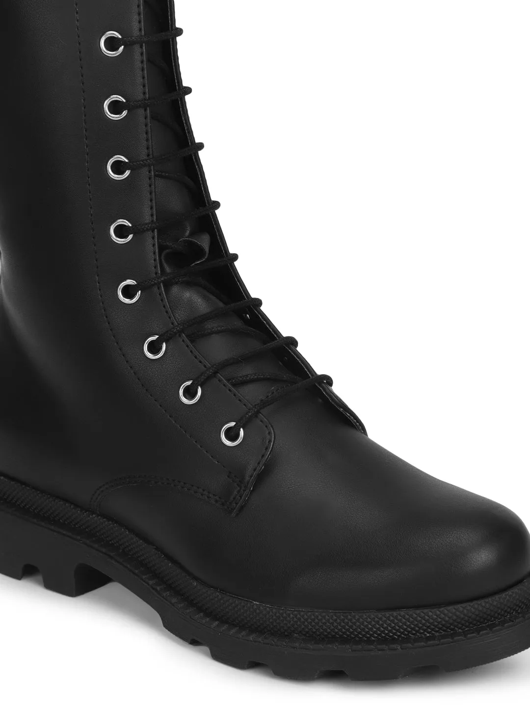 Black PU Calf Length Snug Fit Lace Up Boots (TC-ST-1205-BLKPU)