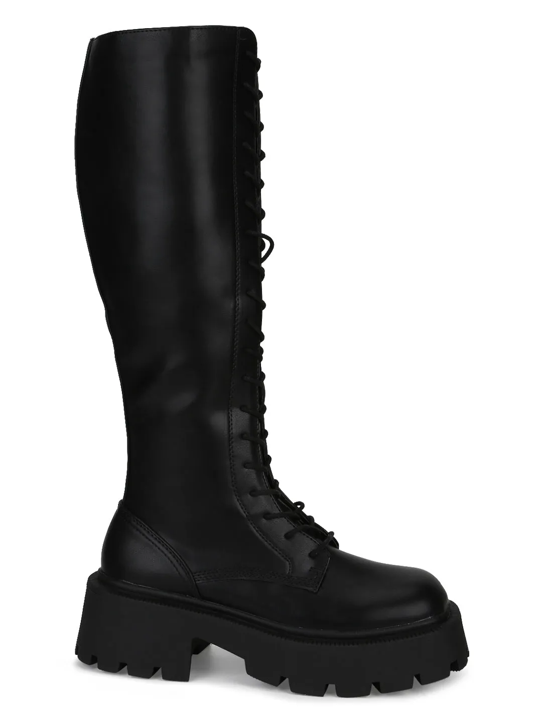 Black PU Lace Up Chunky Long Boots